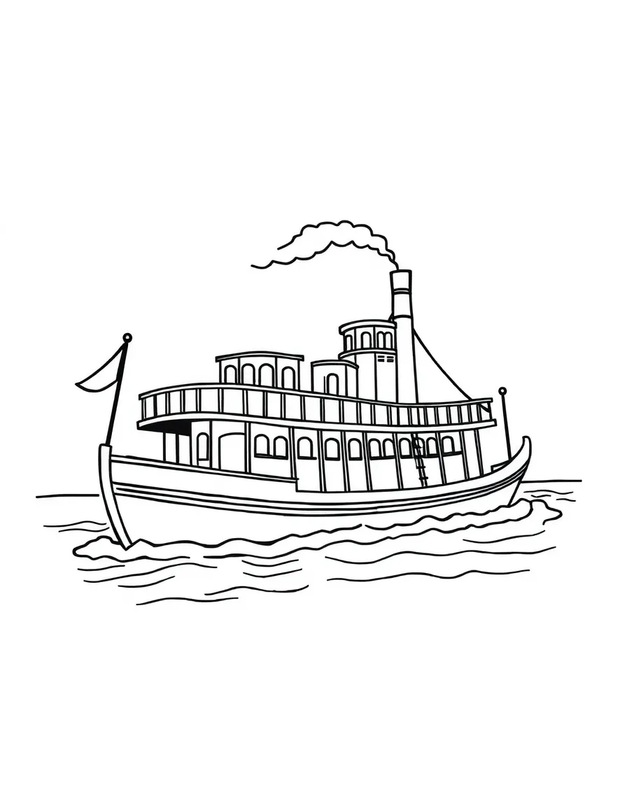 A drawing of a simplified steamboat on the Mississippi.