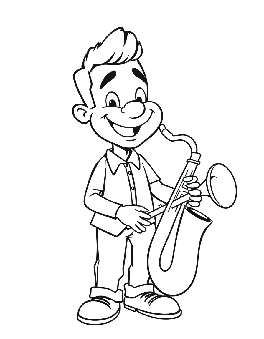 A cartoon-style drawing of a cheerful jazz musician.