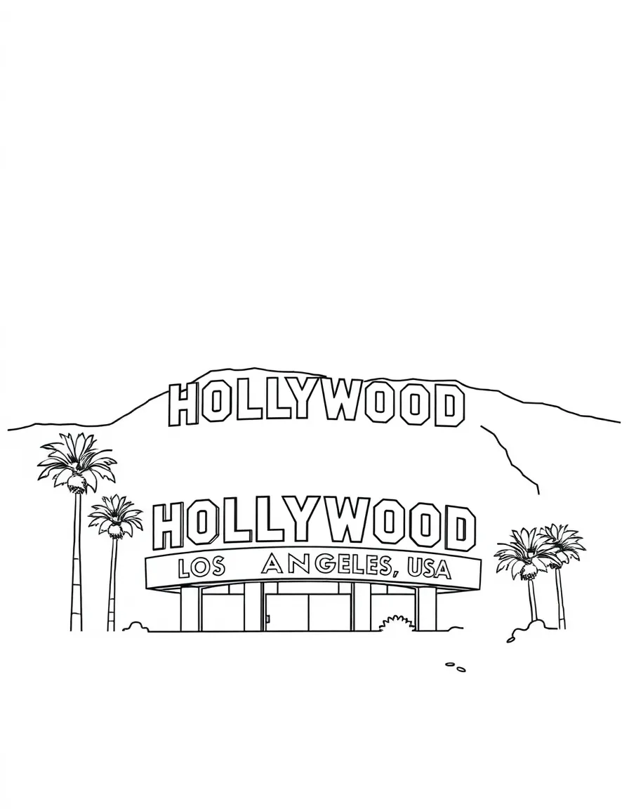 A simple outline of Hollywood, Los Angeles, USA, with the sign.