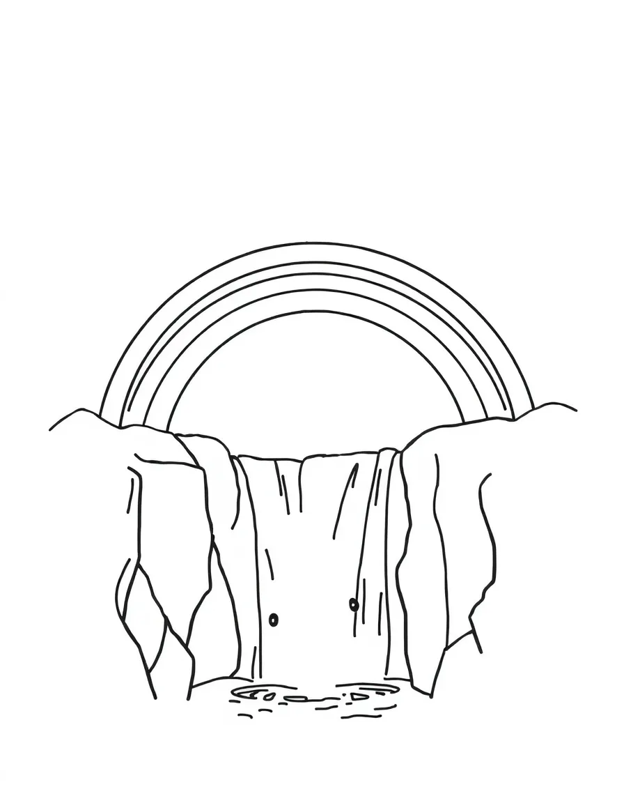 A cartoon-style drawing of a friendly rainbow over the falls.