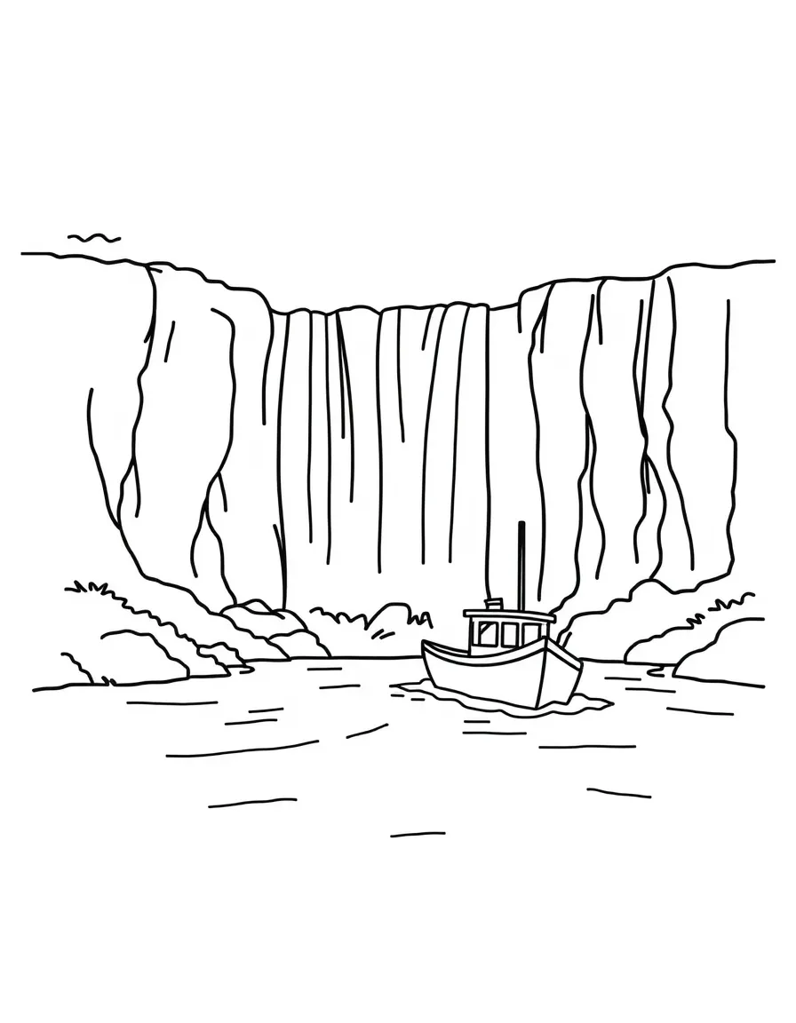 A simplified drawing of a boat approaching the falls.