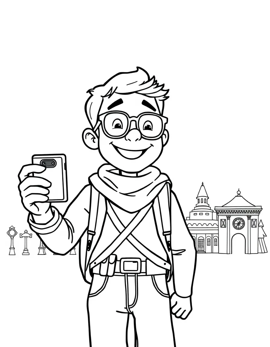 A cartoon-style drawing of a cheerful tourist taking a picture.