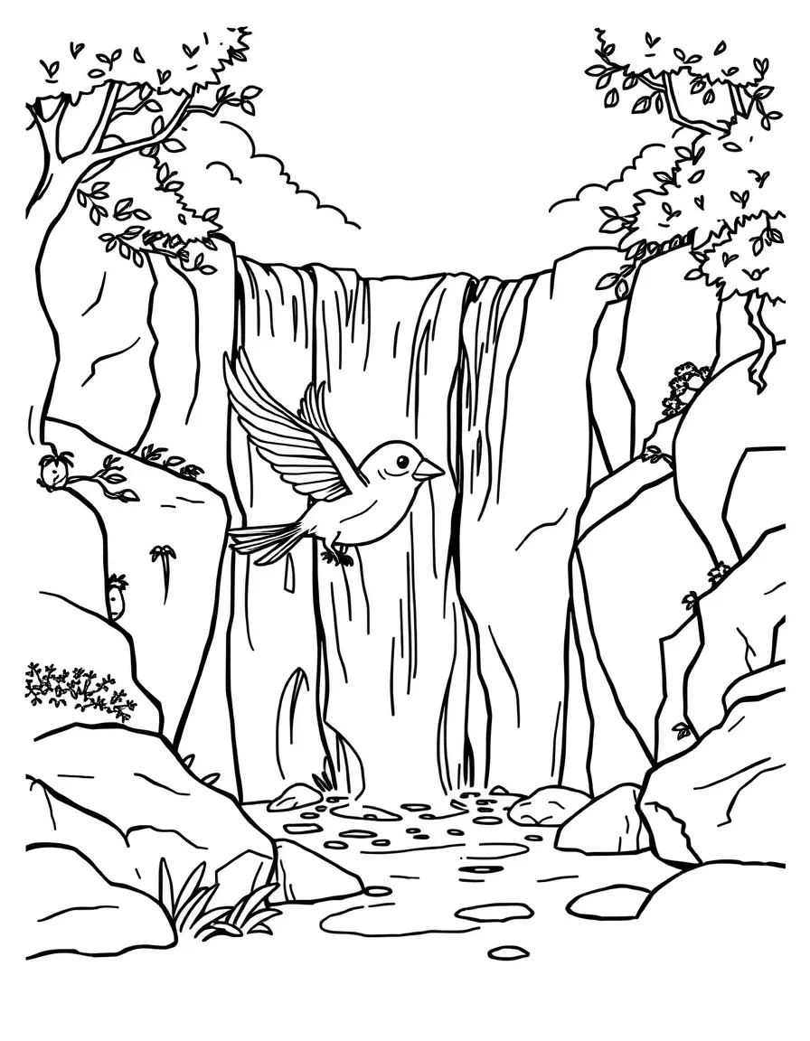 A cute drawing of a small bird flying near the falls.