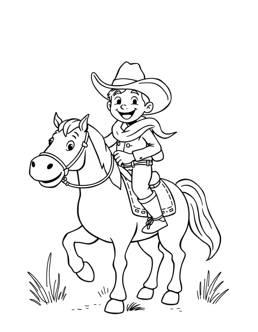 A cartoon-style drawing of a cheerful cowboy on a horse.
