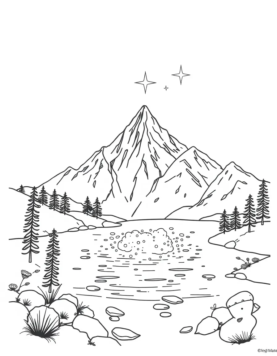 A cute drawing of a sparkling mountain lake.