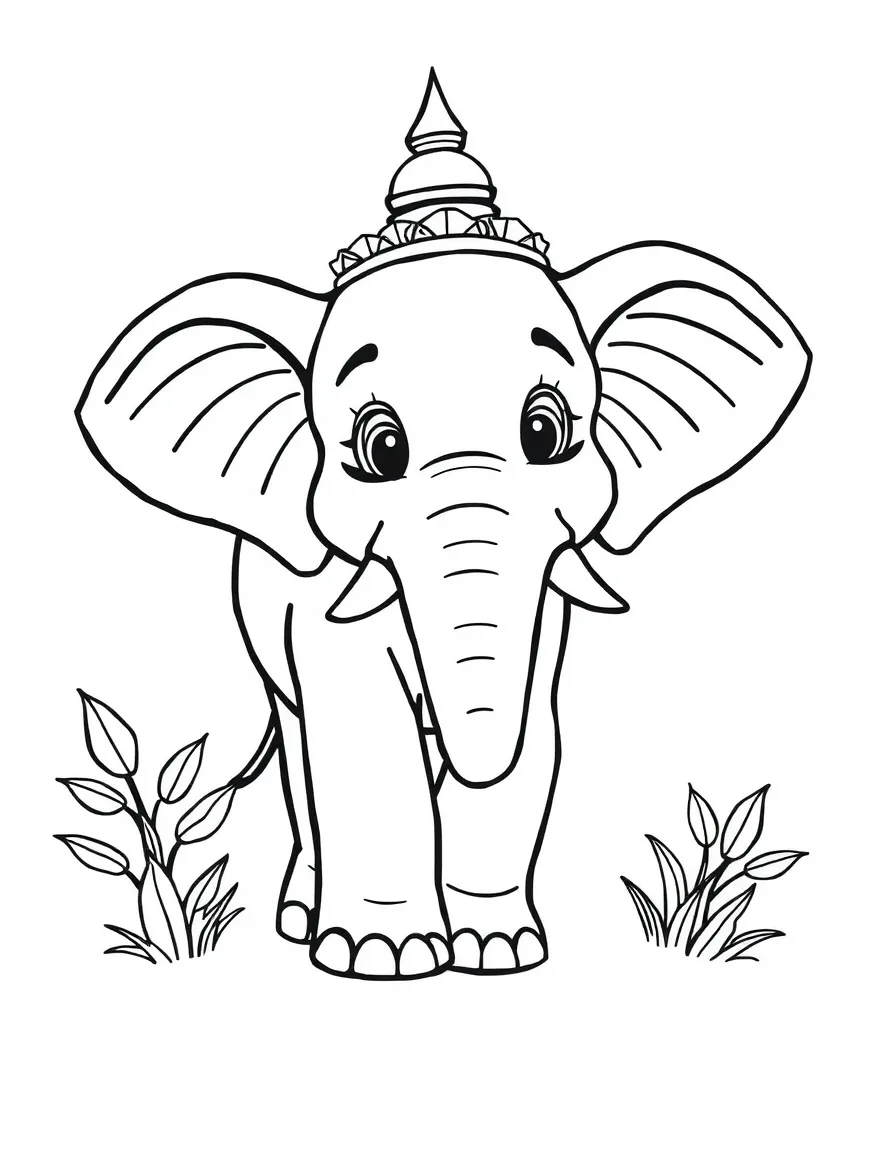 A cartoon-style drawing of a friendly elephant in Thailand for coloring.