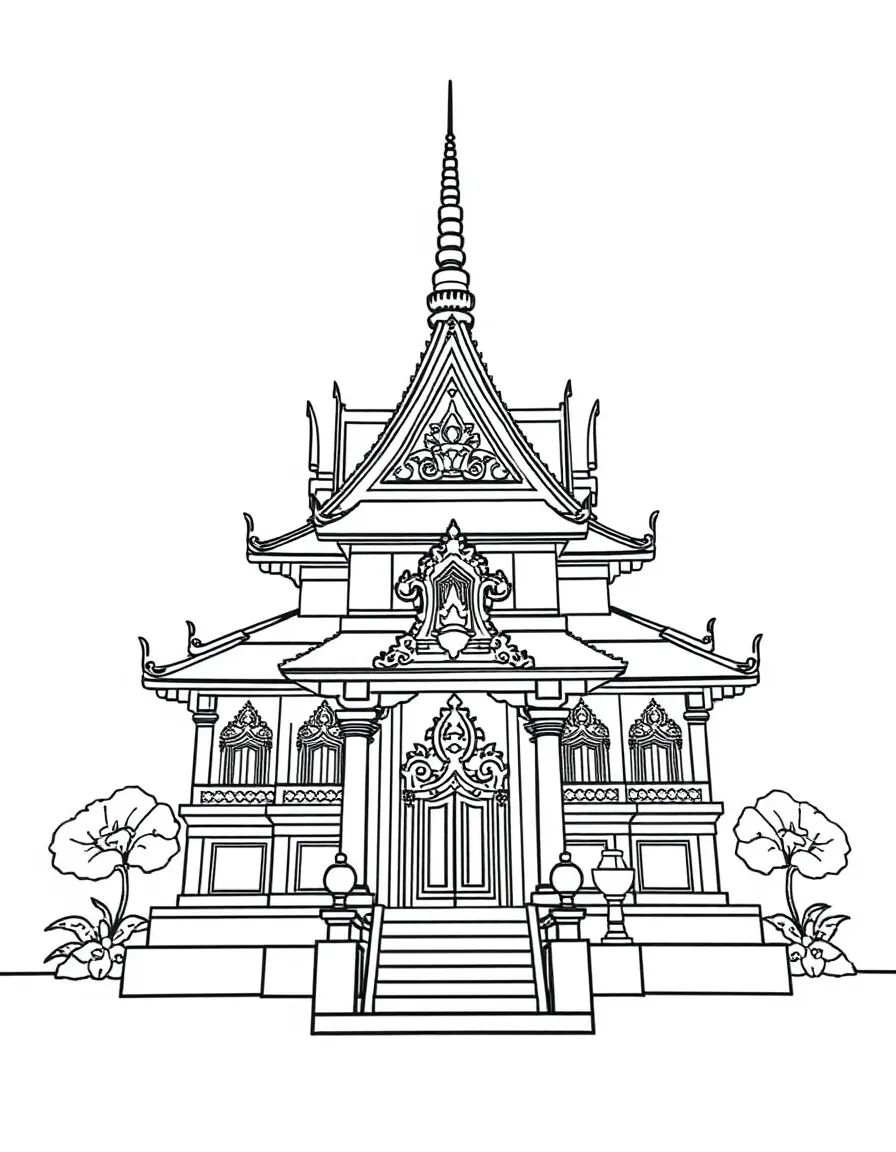 A simplified drawing of a traditional Thai temple for coloring.