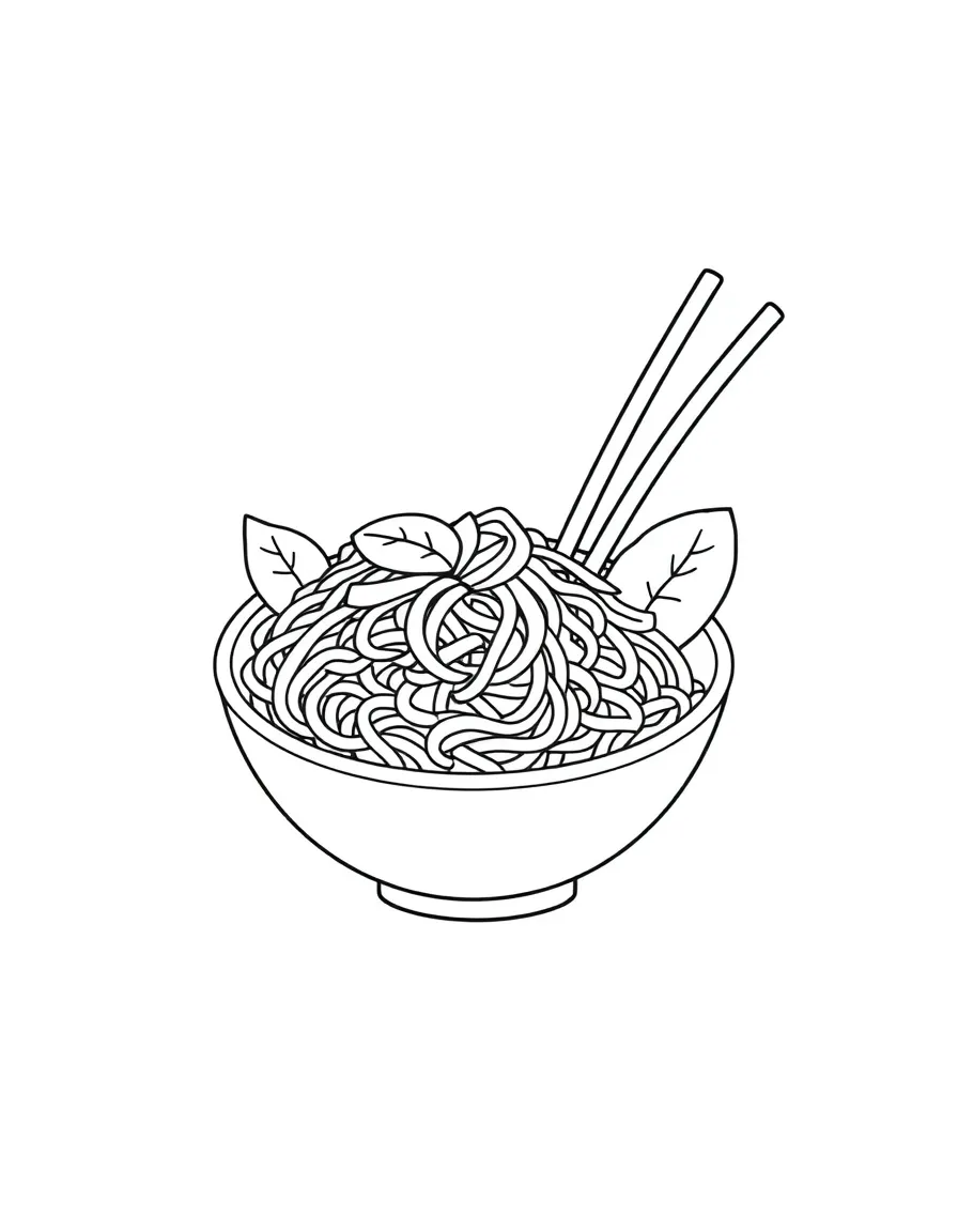 A cute drawing of a delicious Pad Thai for coloring.