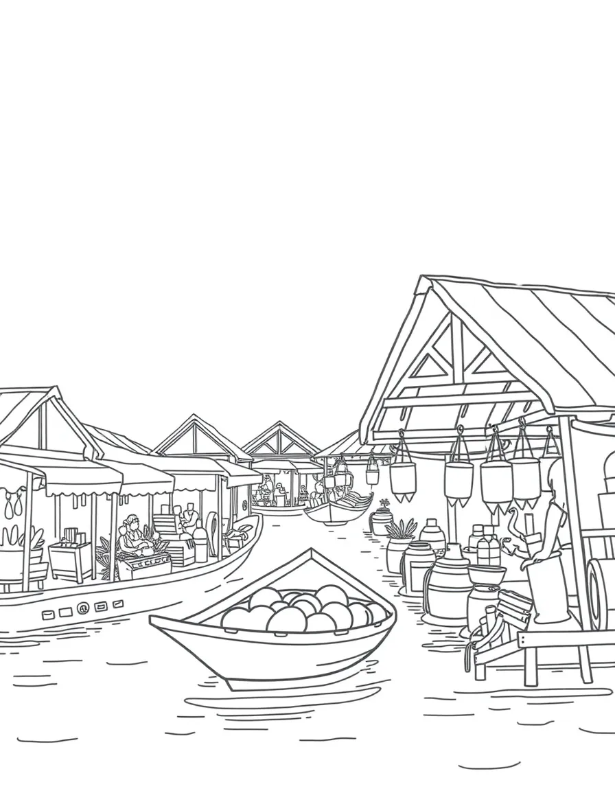 A drawing of a simplified floating market in Thailand for coloring.