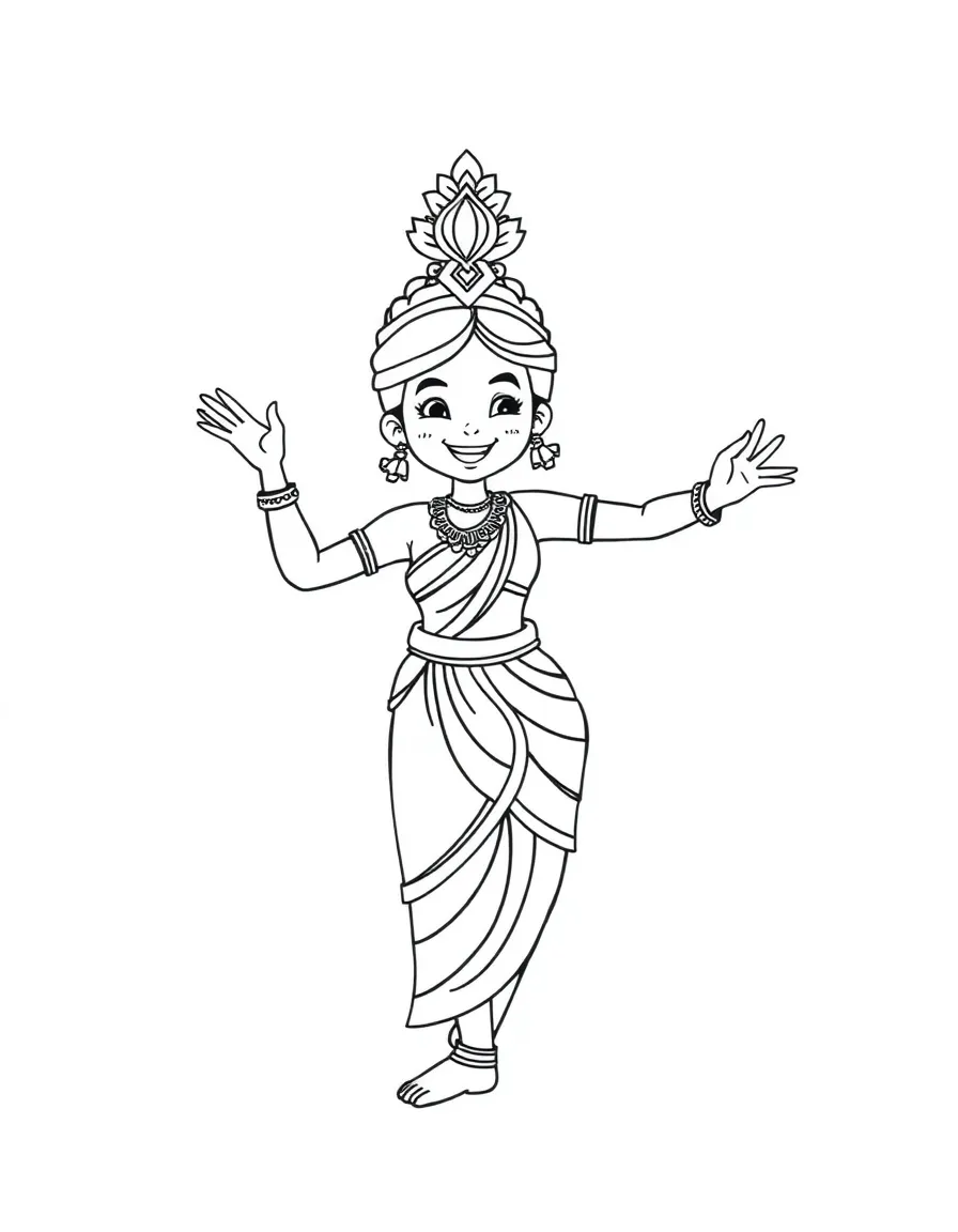 A cartoon-style drawing of a cheerful Thai dancer for coloring.