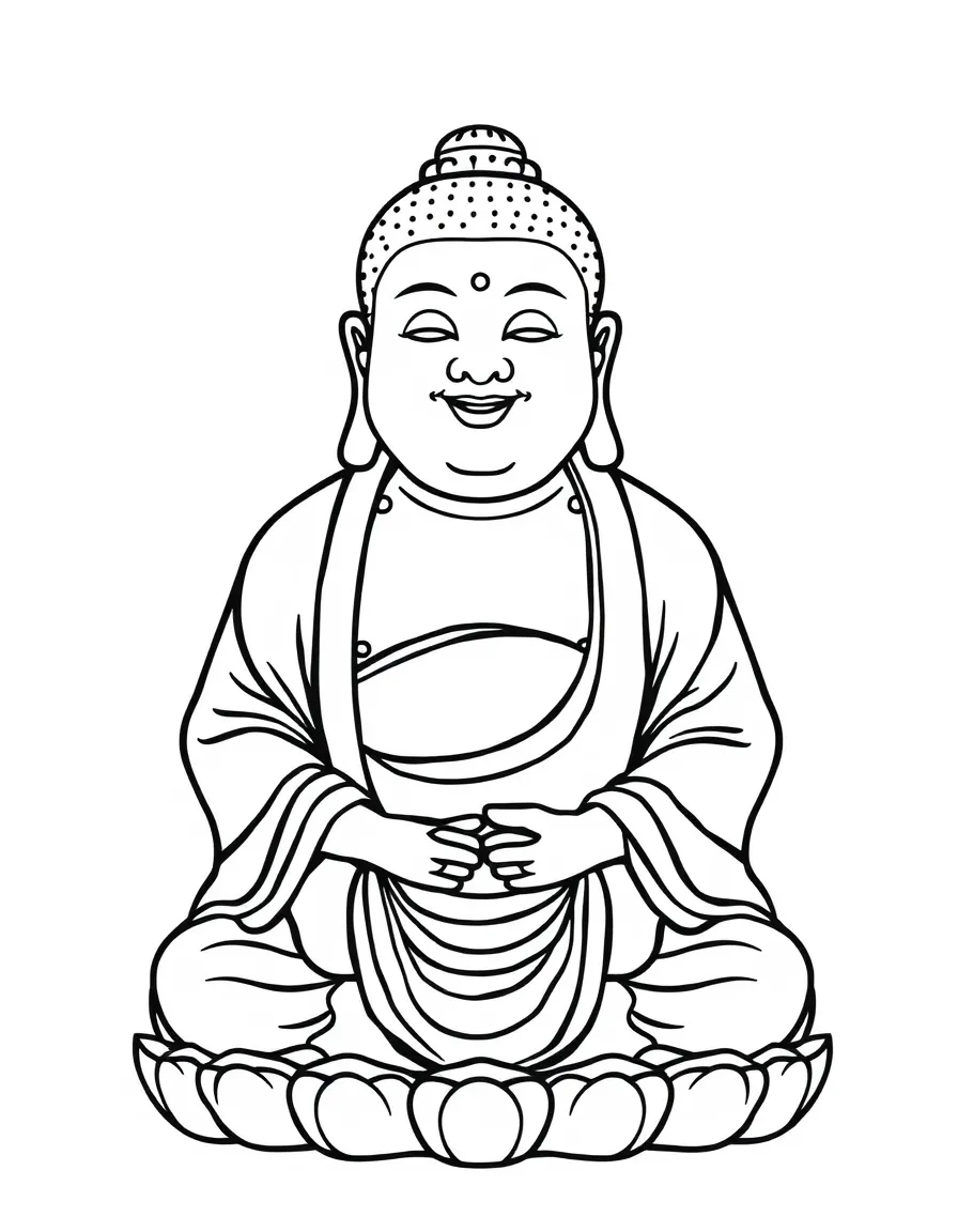 A simple outline of a smiling Buddha statue for coloring.