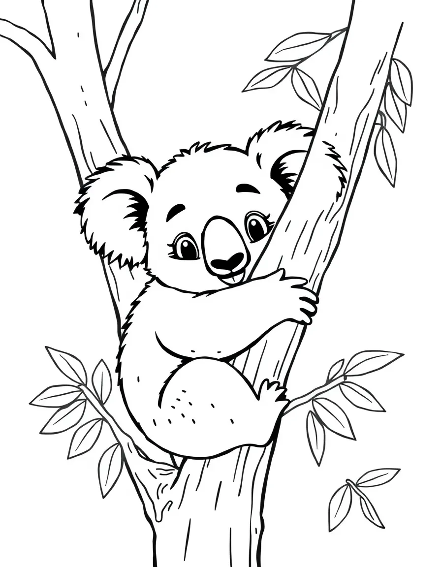 A cartoon-style drawing of a koala bear hugging a tree for coloring.