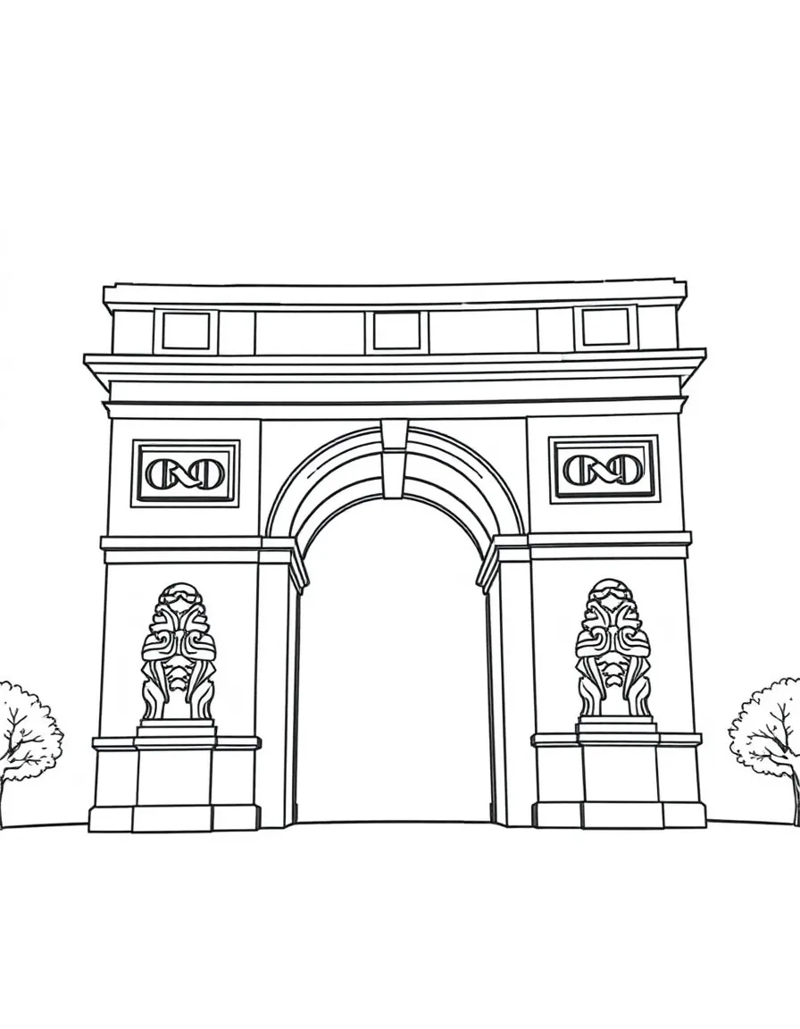 A simple outline of the Arc de Triomphe for coloring.