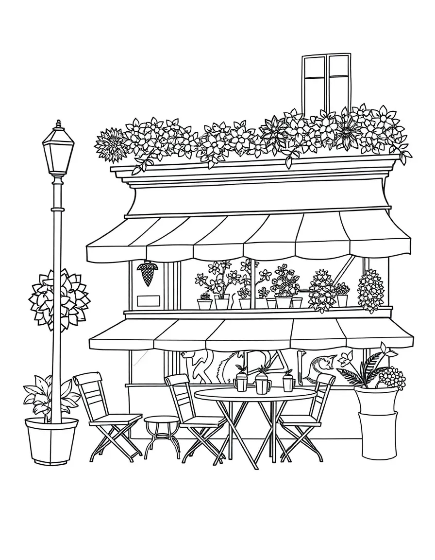 A drawing of a happy Parisian cafe scene for coloring.