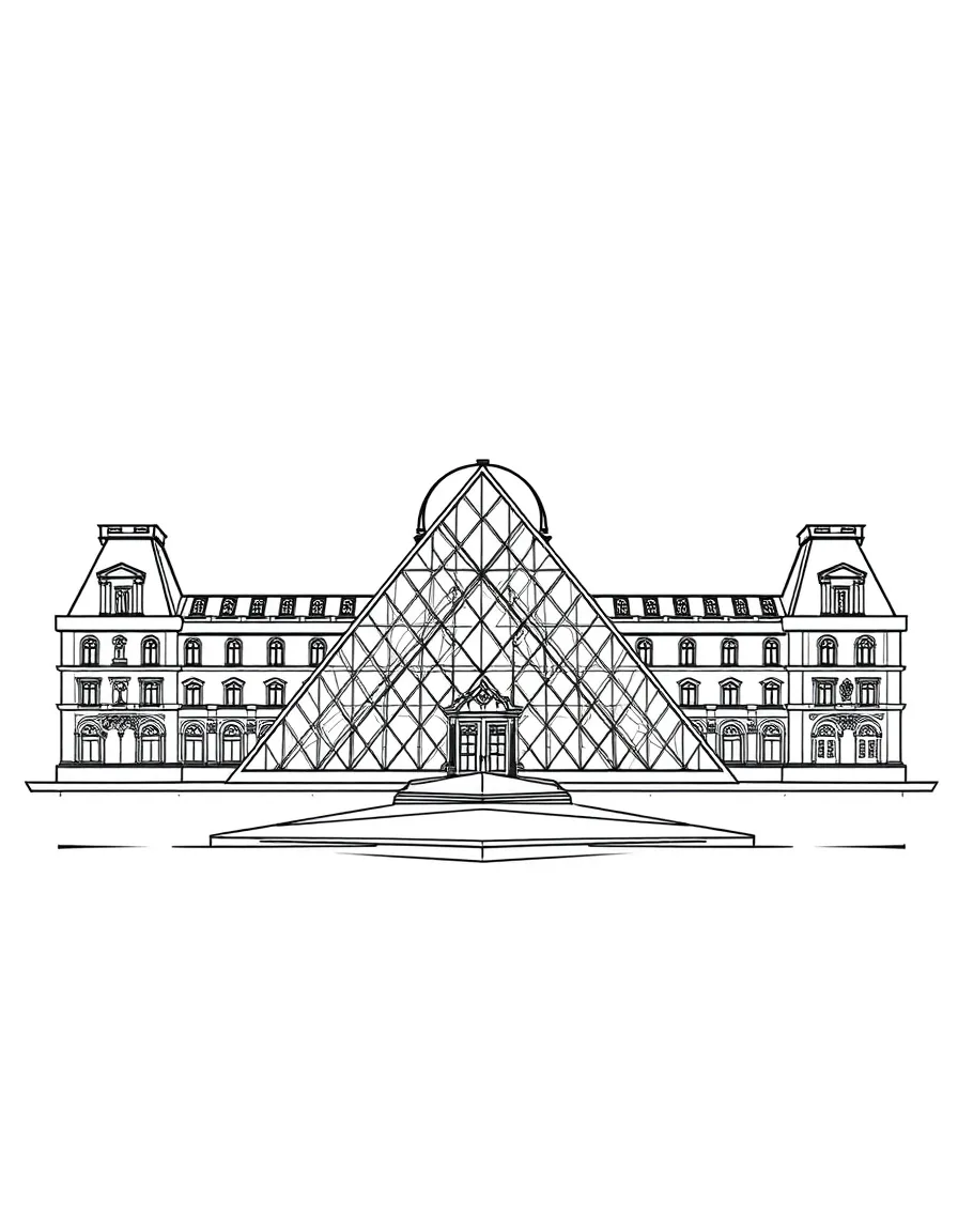 A simplified drawing of the Louvre Museum for coloring.