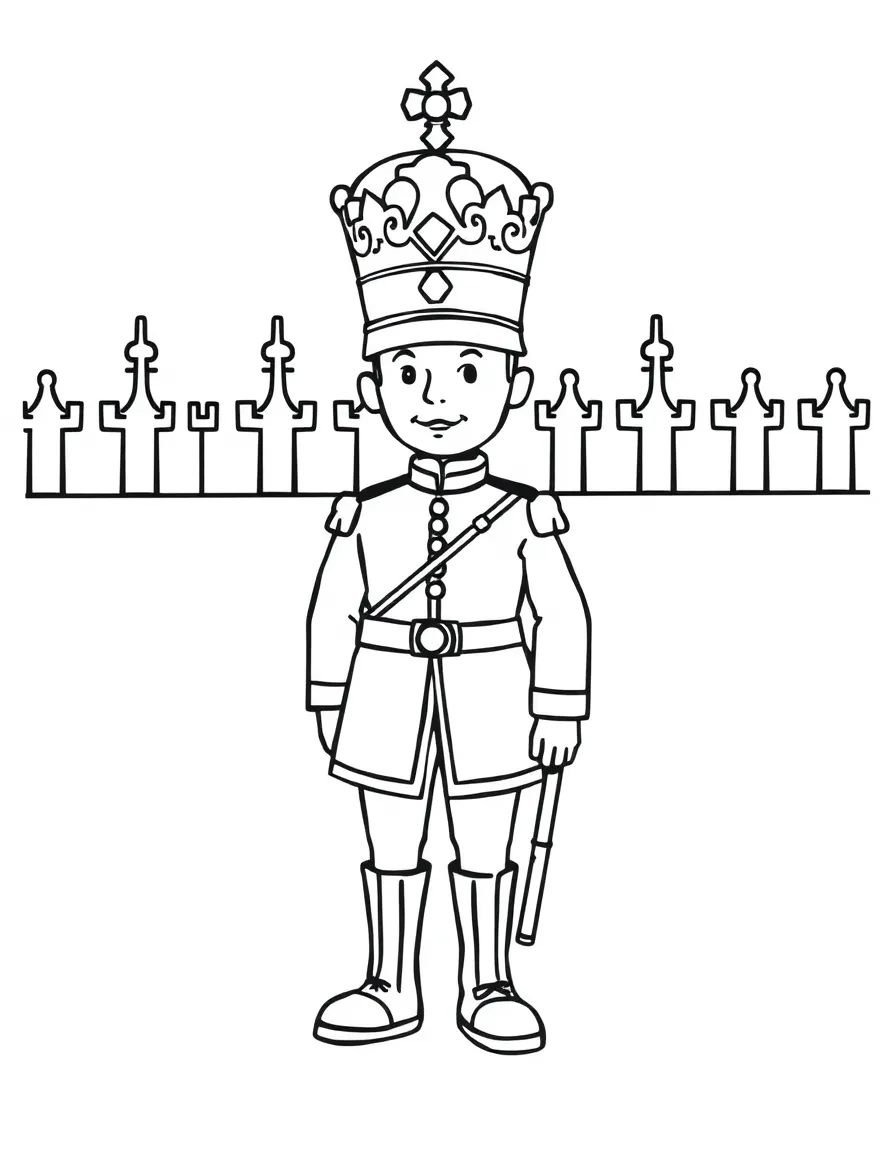 A cartoon-style drawing of a Queen's Guard for coloring.