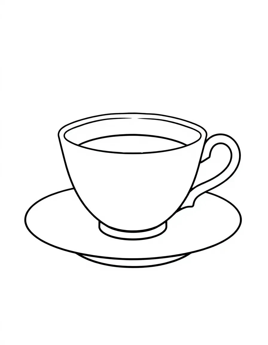 A simplified drawing of a teacup and saucer for coloring.