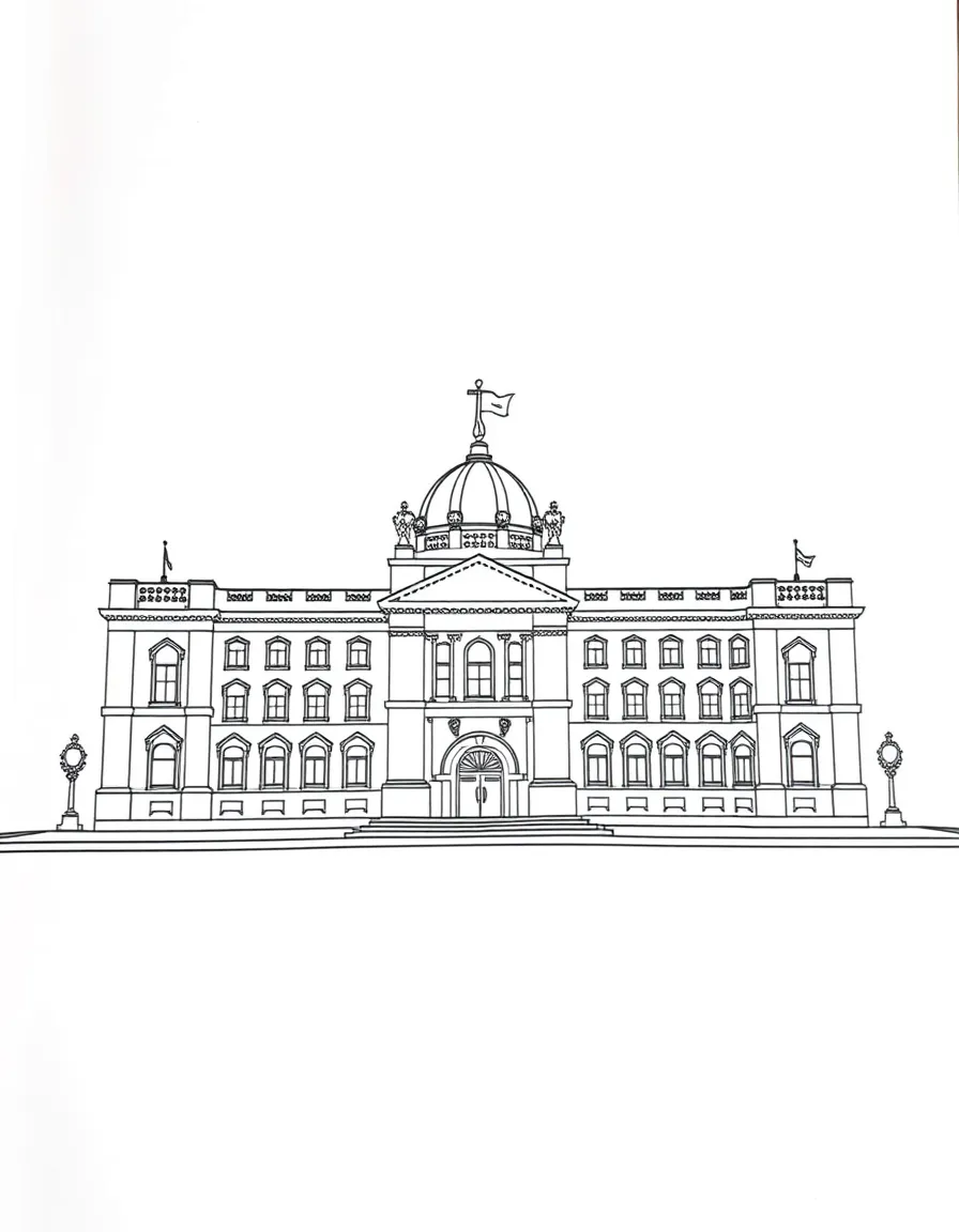 A simplified drawing of Buckingham Palace for coloring.