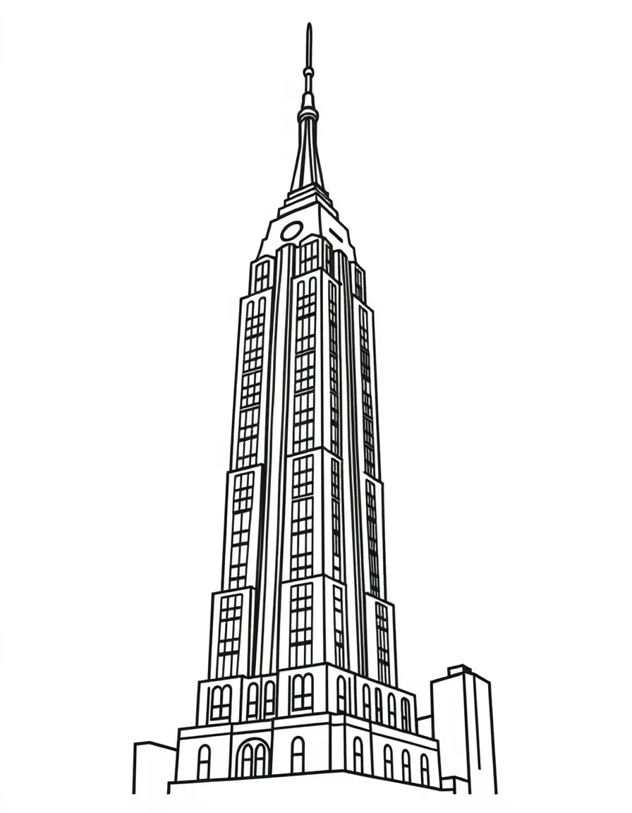 A cartoon-style drawing of the Empire State Building for coloring.