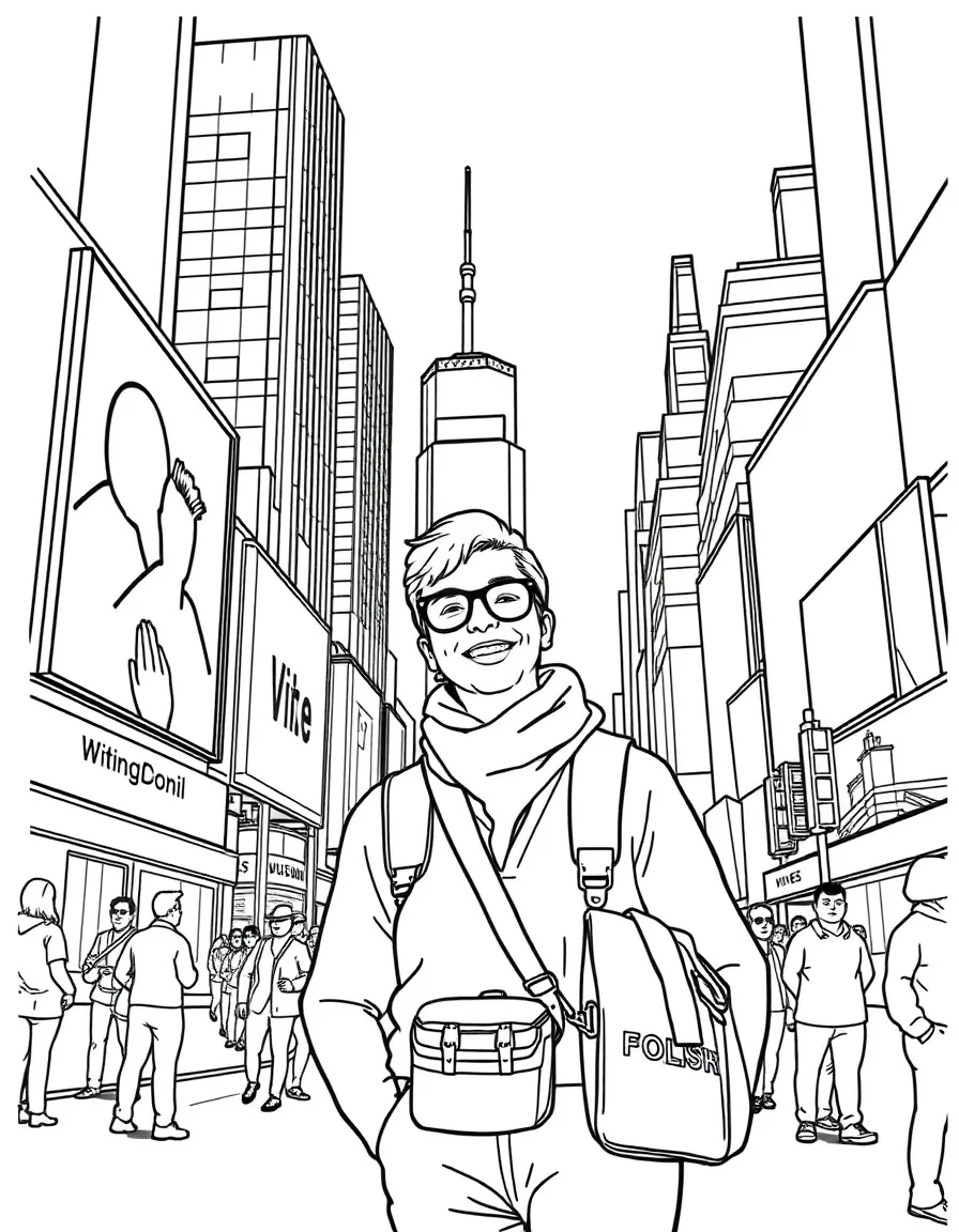 A drawing of a happy tourist in Times Square for coloring.