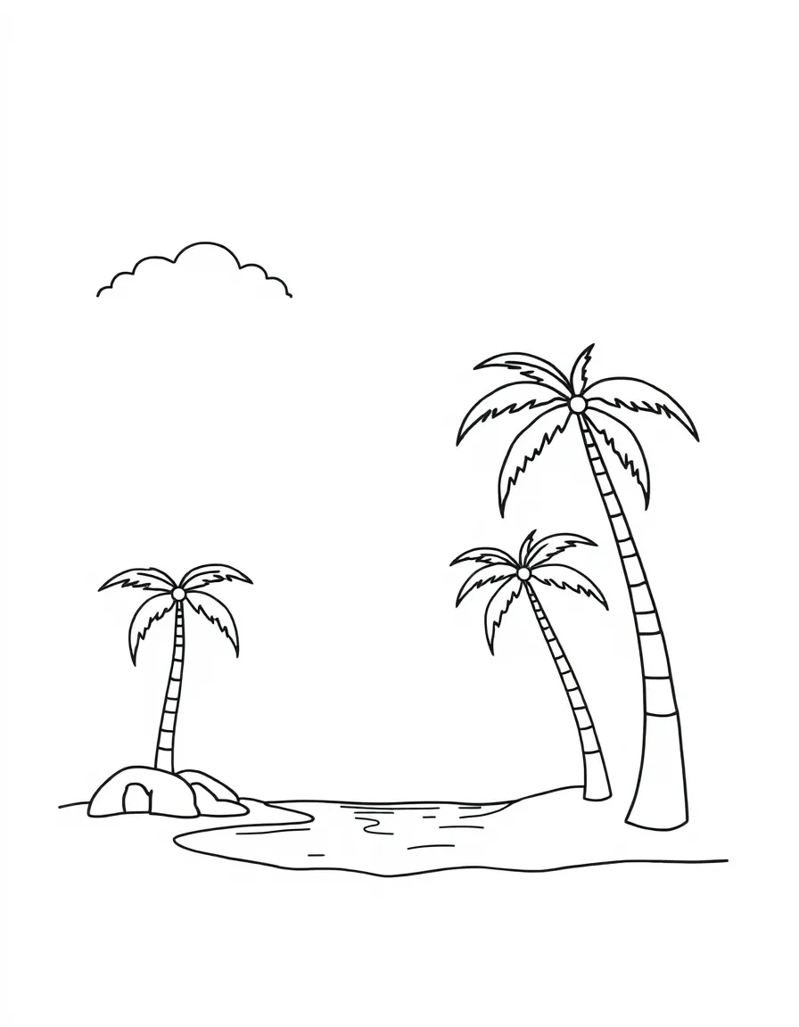 A cute drawing of a tropical beach with palm trees for coloring.