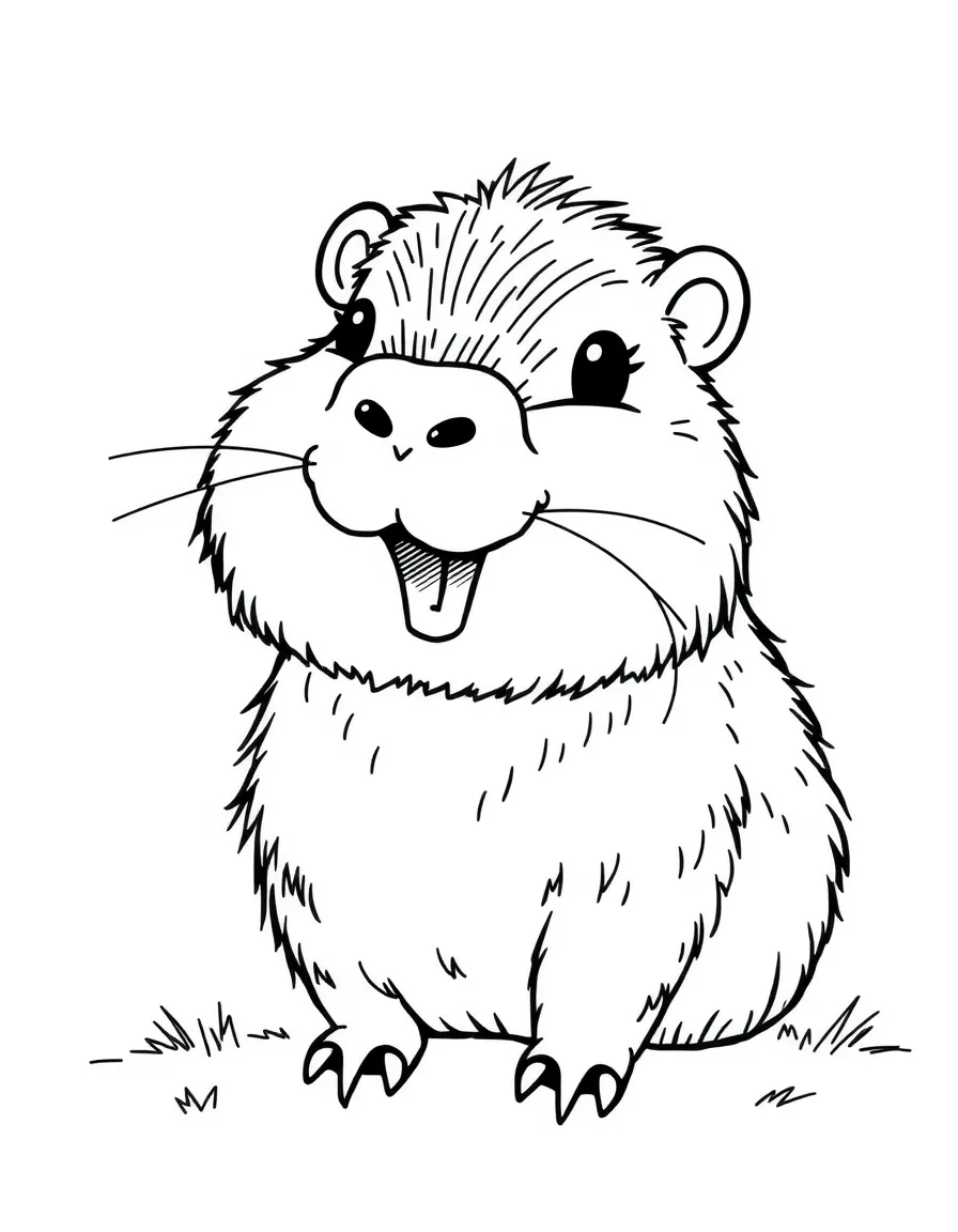 A drawing of a happy capybara for coloring.