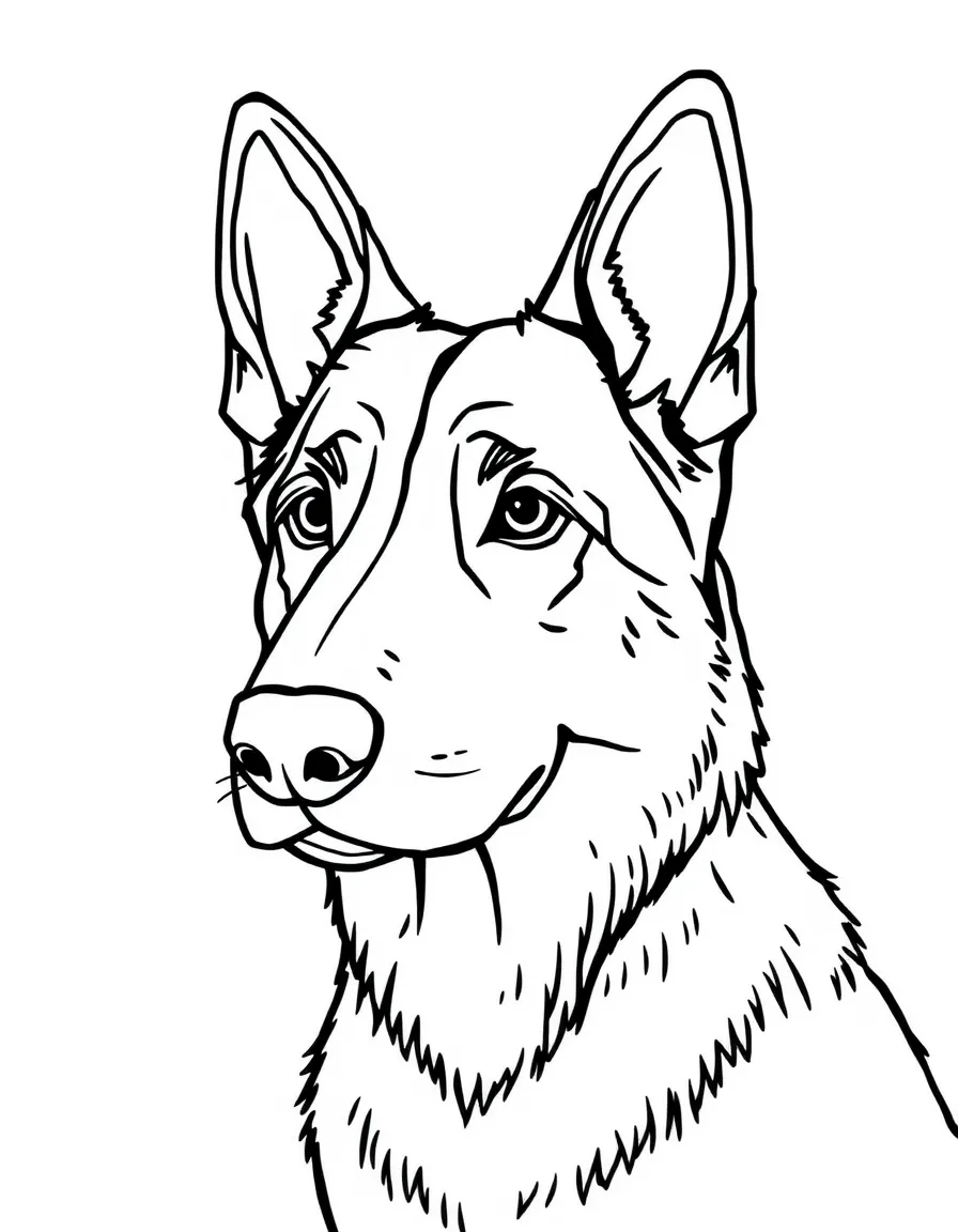 A simplified drawing of a German shepherd dog for coloring.