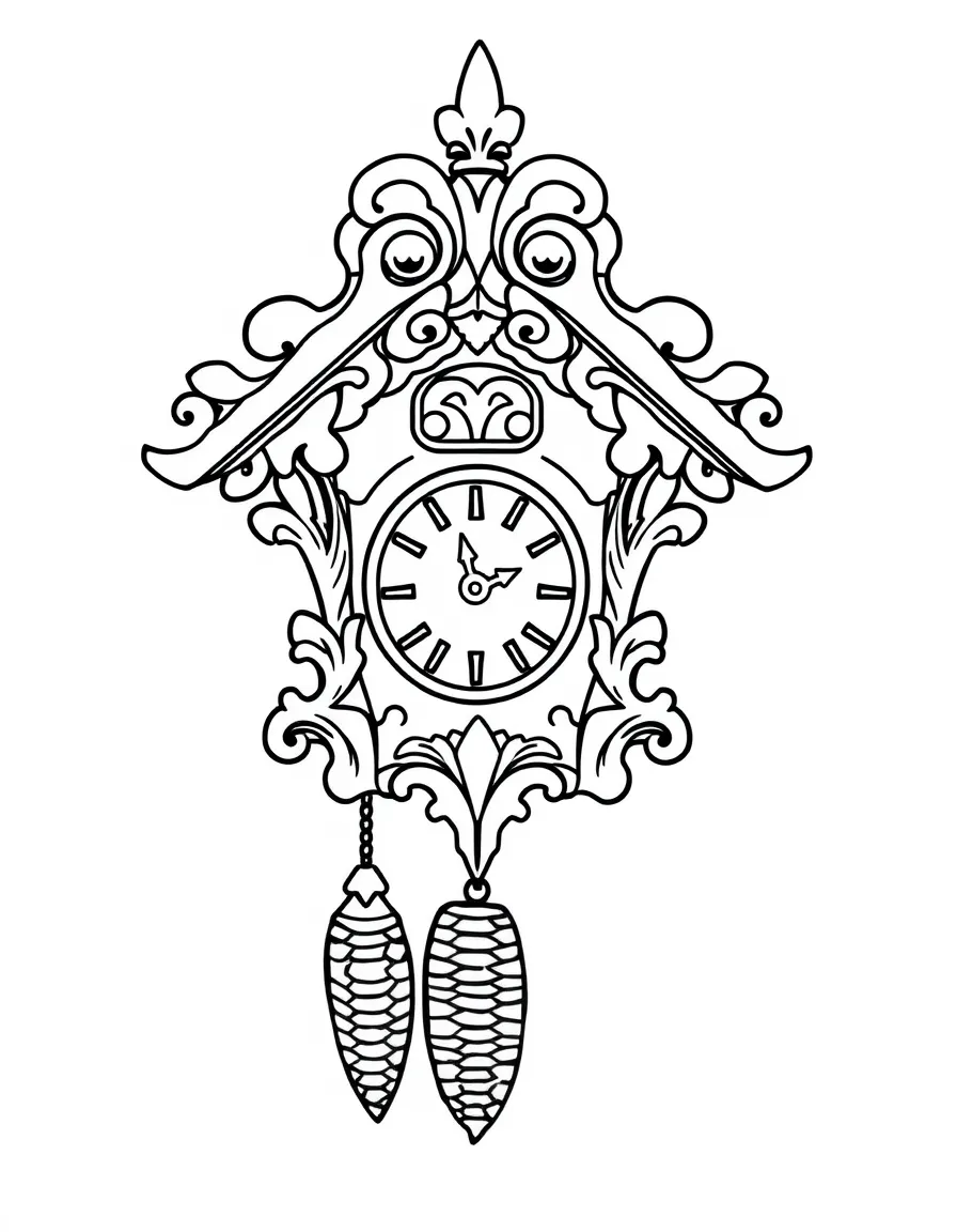 A simple outline of a cuckoo clock for coloring.