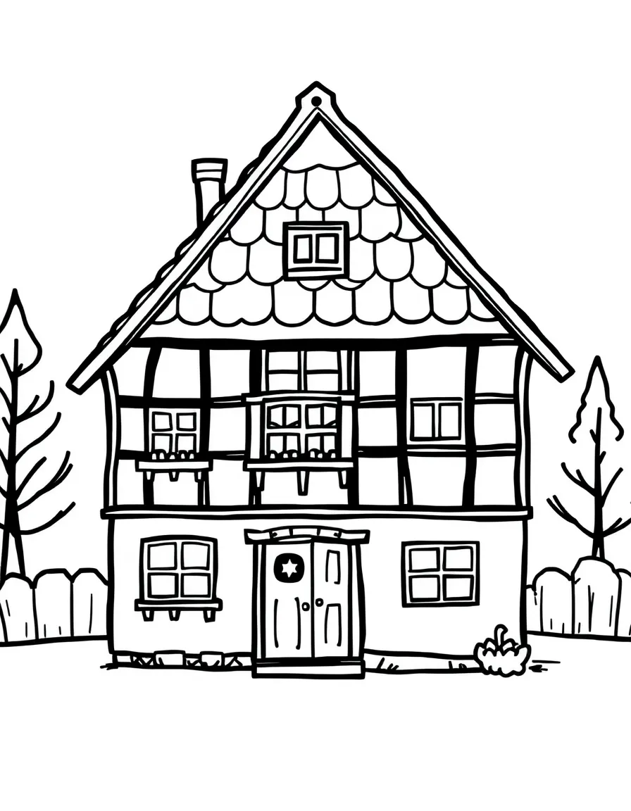 A drawing of a simplified traditional German house for coloring.