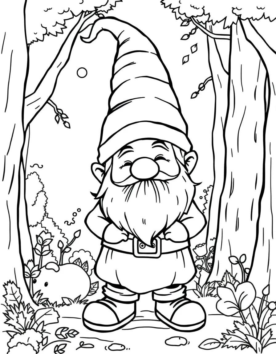 A drawing of a happy gnome in a German forest for coloring.