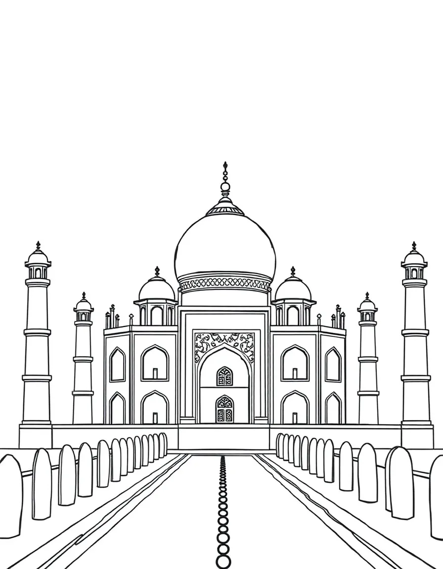 A simple outline of the Taj Mahal for coloring.