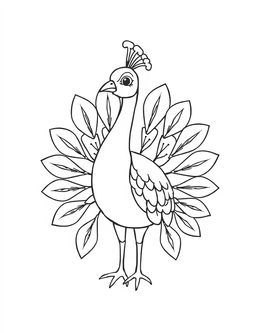 A cute drawing of a peacock for coloring.