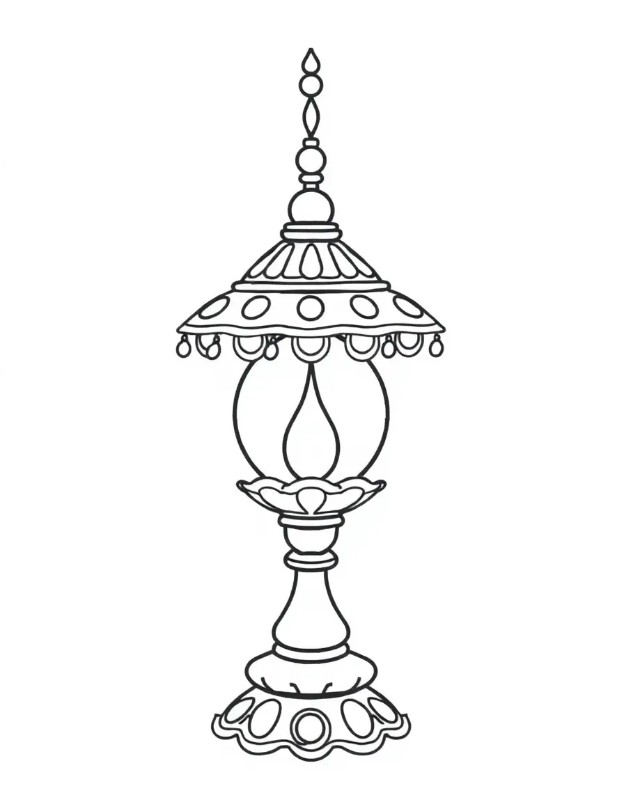 A simplified drawing of a traditional Indian lamp for coloring.