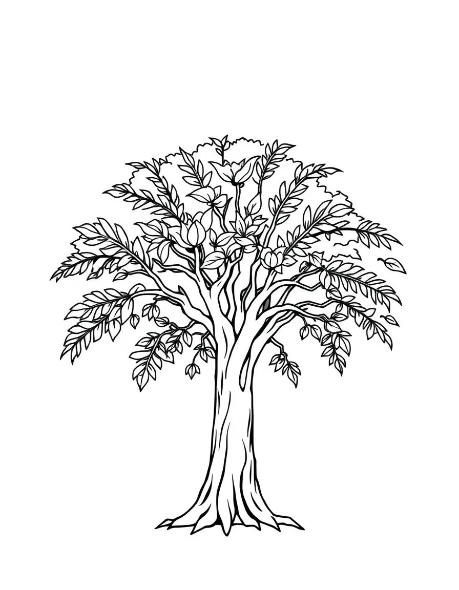 A simple outline of a banyan tree for coloring.