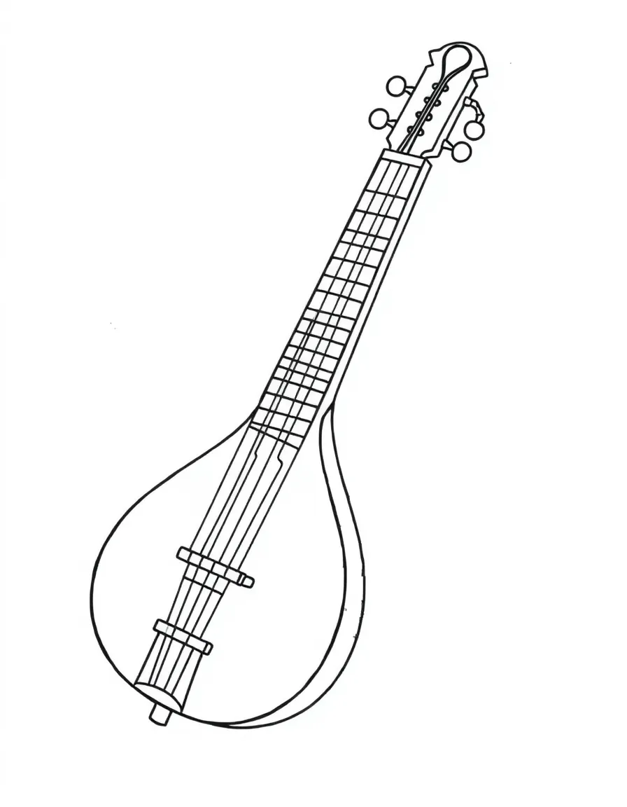 A simplified drawing of an Indian sitar for coloring.