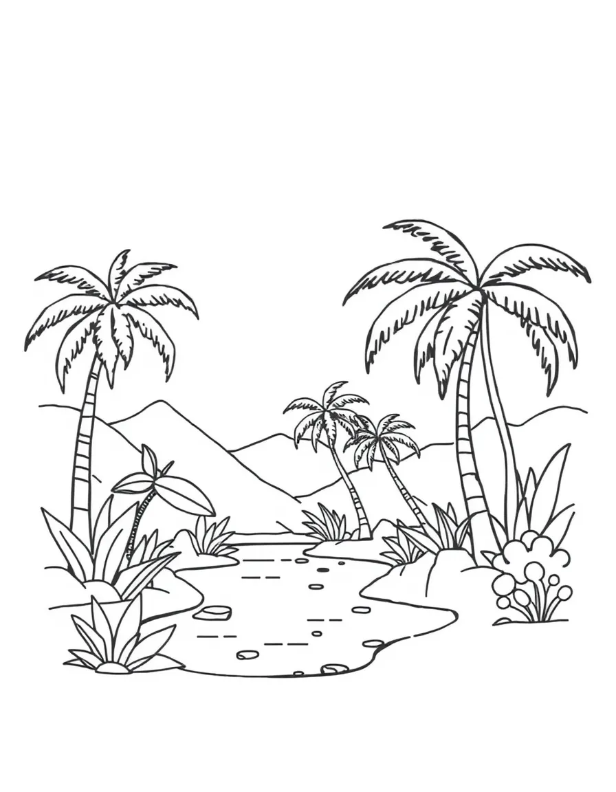 A simplified drawing of an oasis with palm trees for coloring.