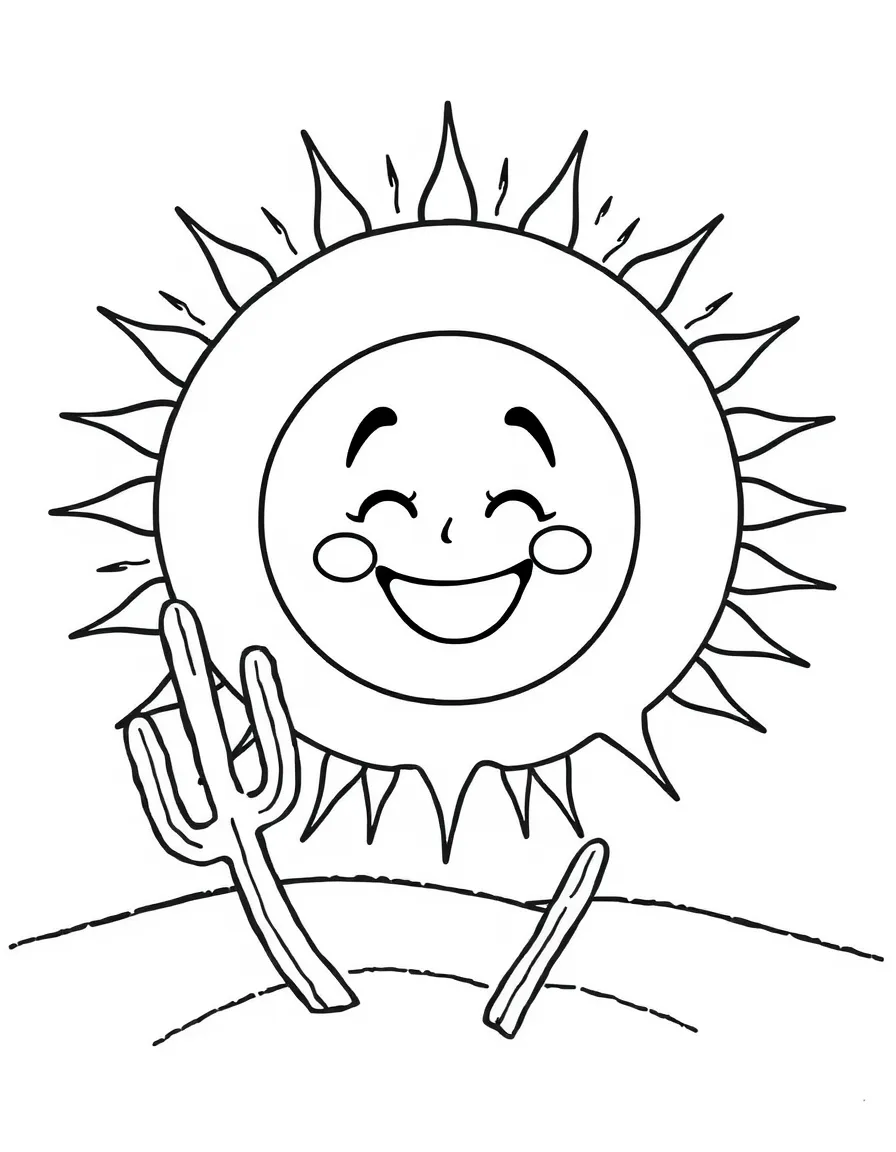 A drawing of a happy desert sun for coloring.