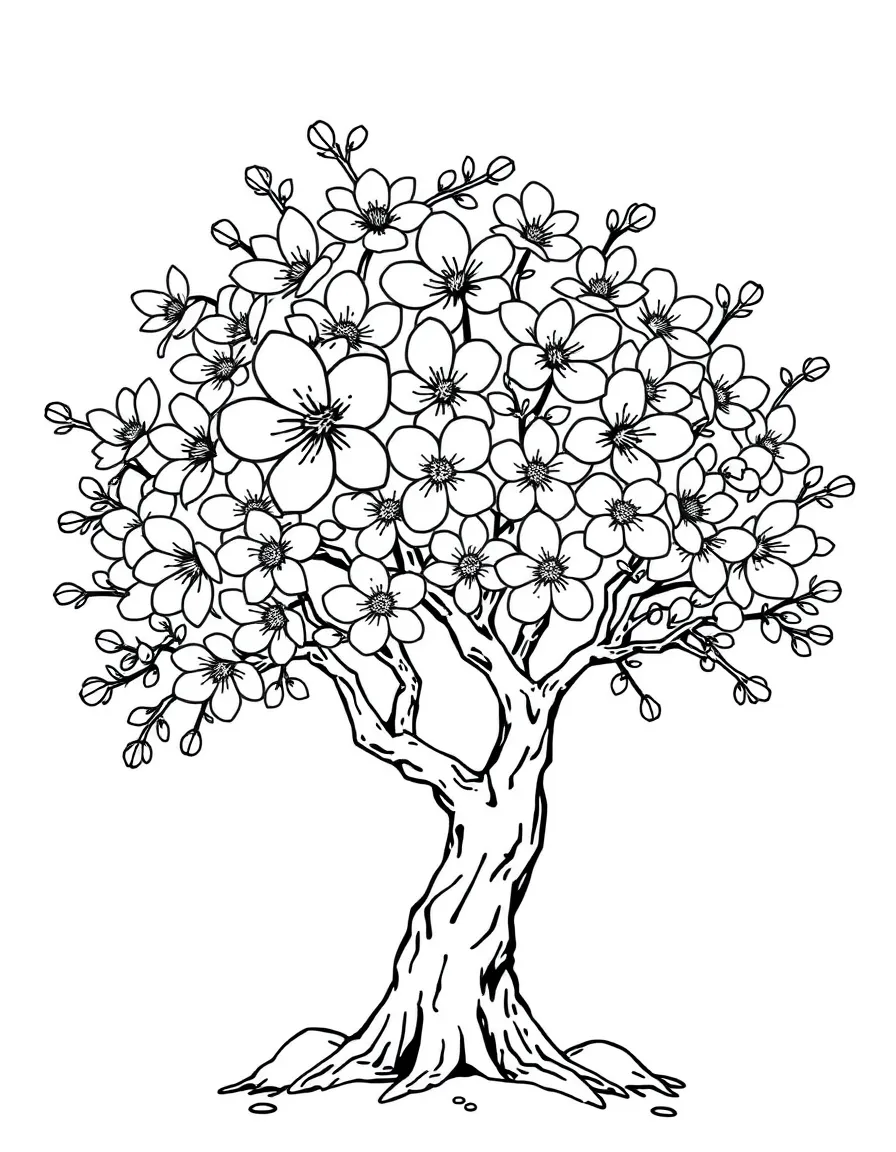 A cartoon-style drawing of a cherry blossom tree for coloring.