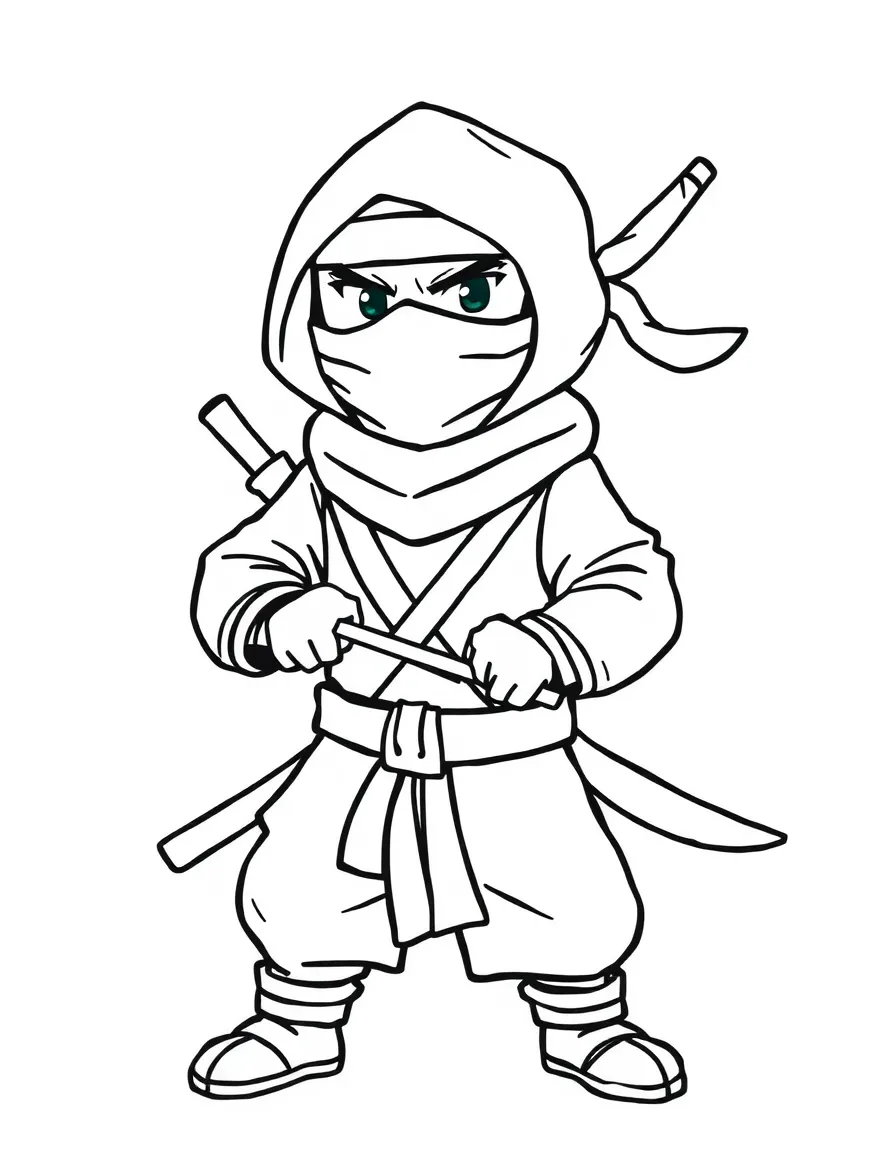A drawing of a simplified ninja for coloring.