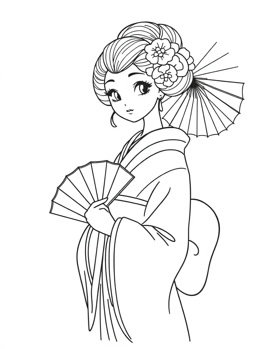 A simplified drawing of a geisha with a fan for coloring.