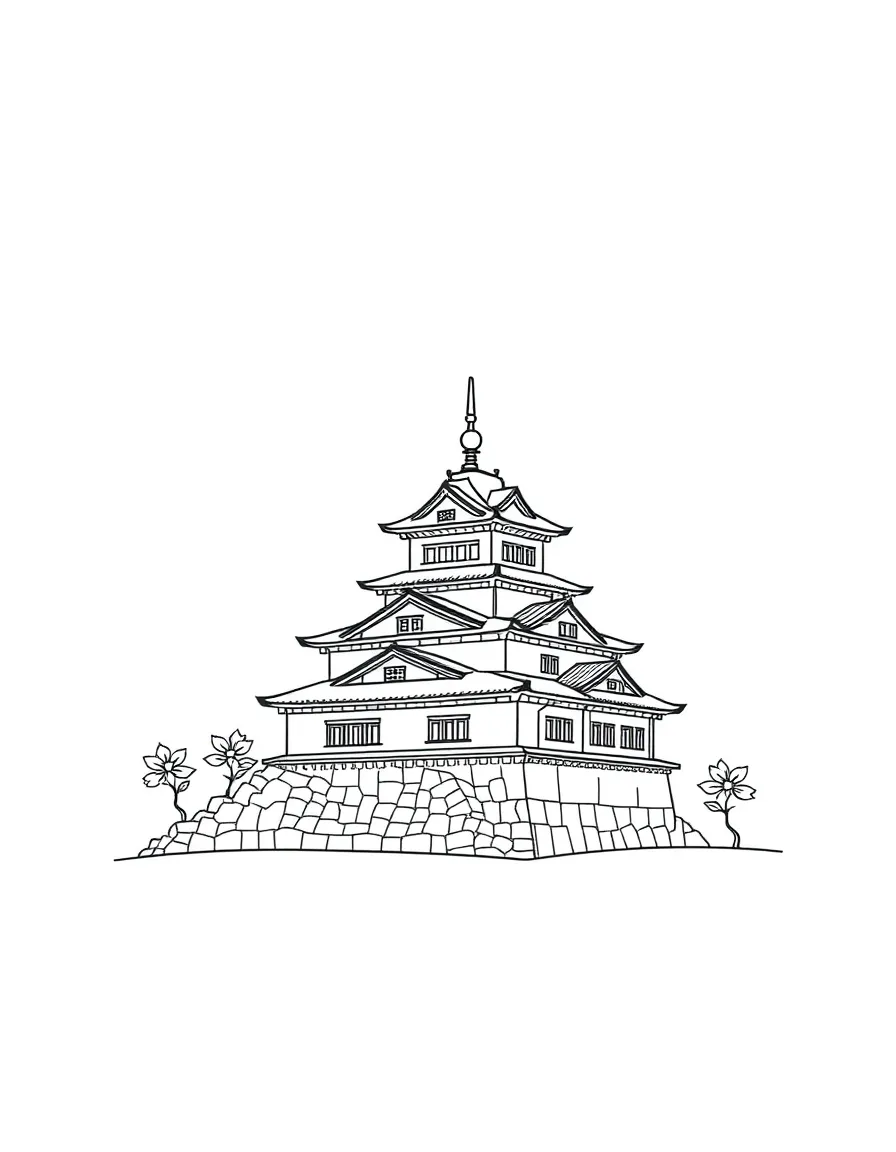 A simple outline of a Japanese castle for coloring.