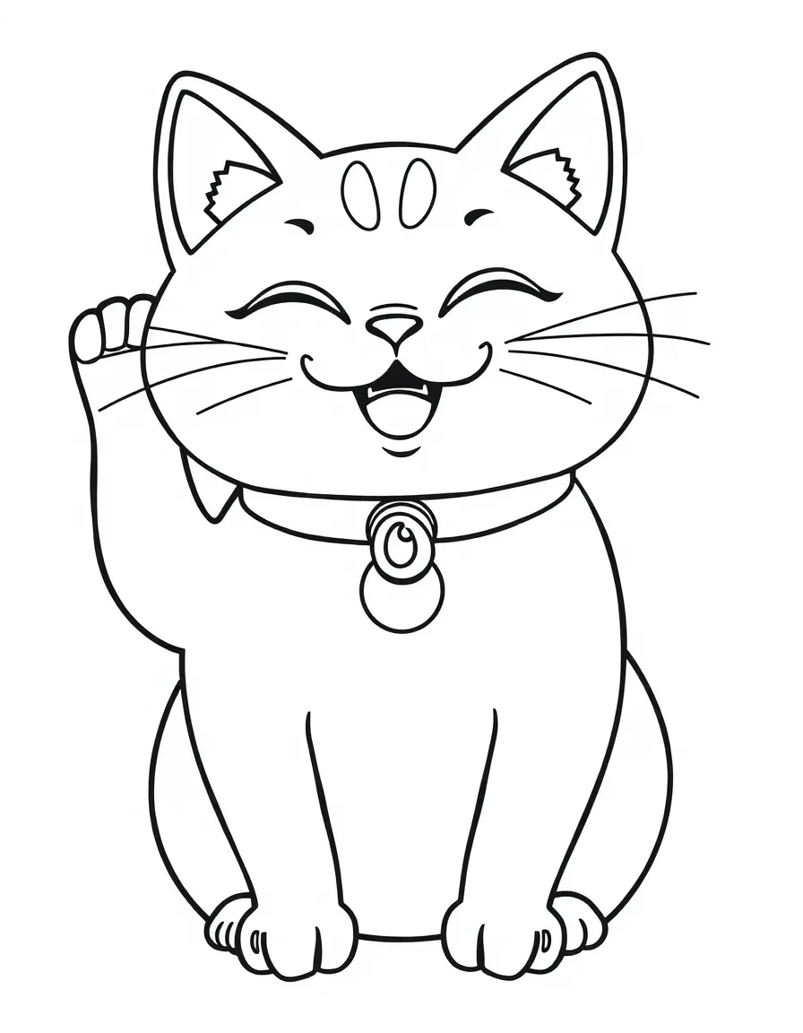 A drawing of a happy Maneki-neko cat for coloring.