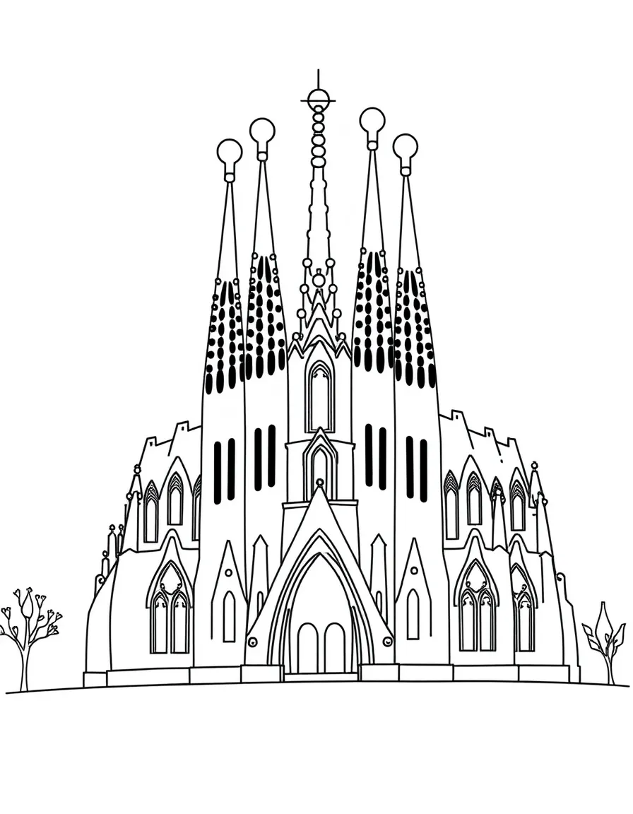 A simple outline of the Sagrada Familia for coloring.