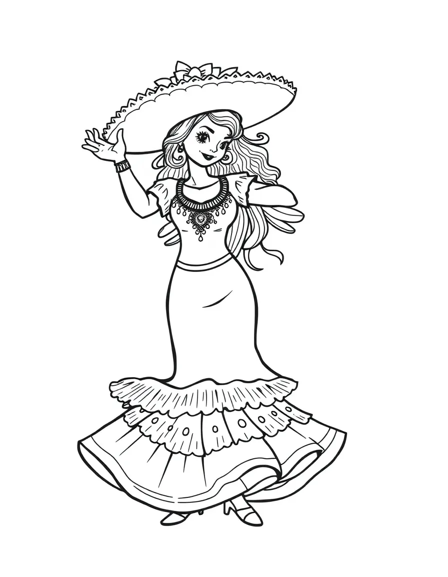 A cartoon-style drawing of a flamenco dancer for coloring.