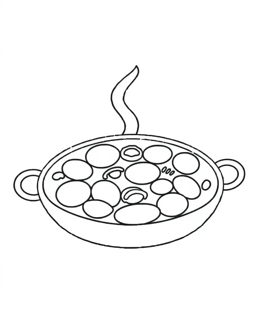 A drawing of a simplified paella dish for coloring.