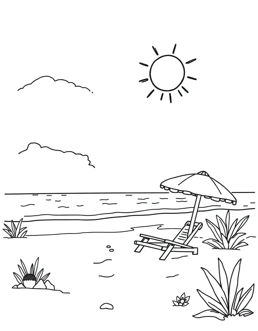 A cute drawing of a sunny beach for coloring.