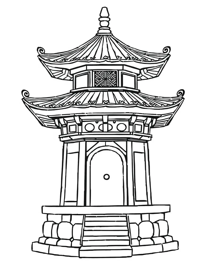 A drawing of a simplified pagoda for coloring.