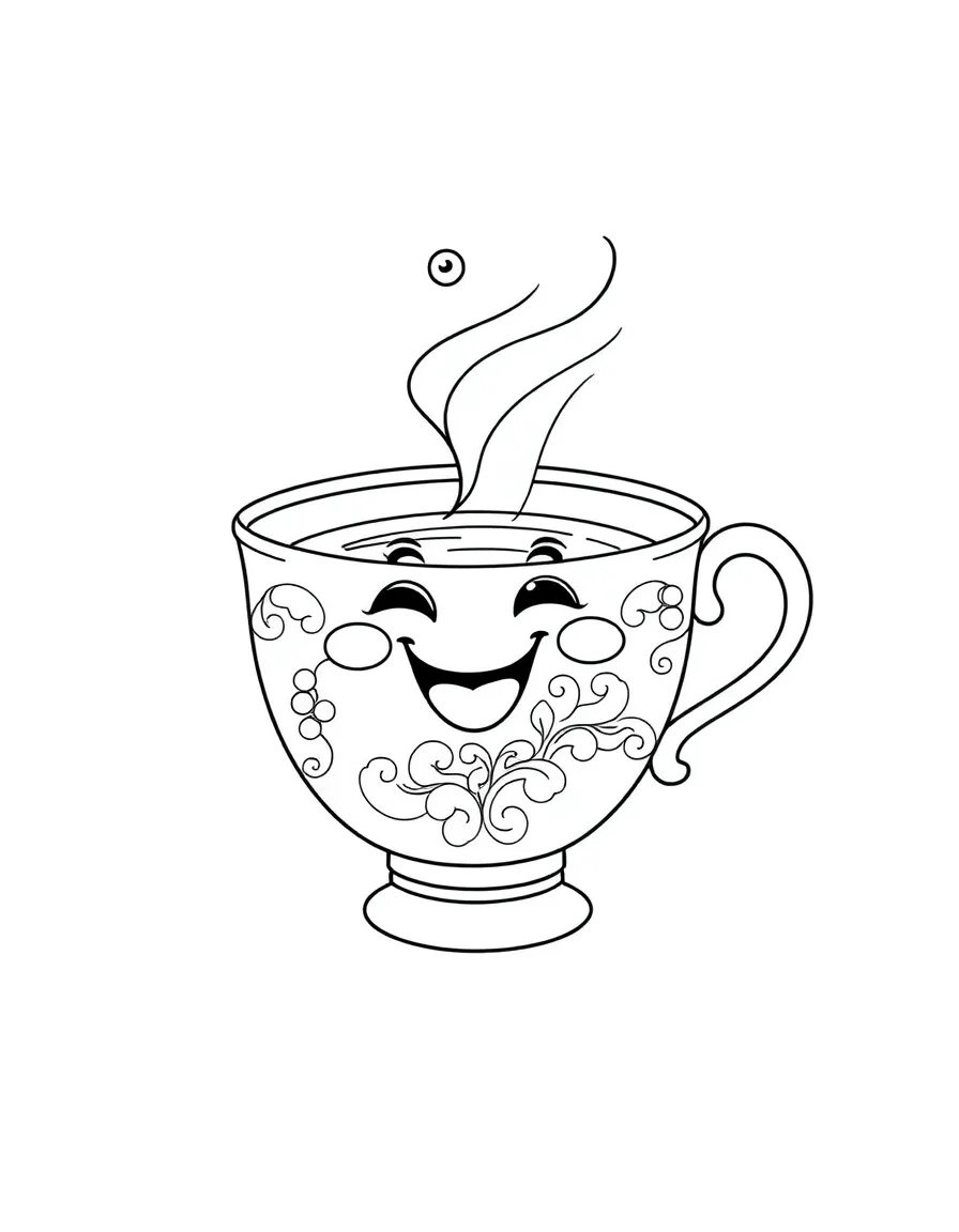 A drawing of a happy Chinese teacup for coloring.