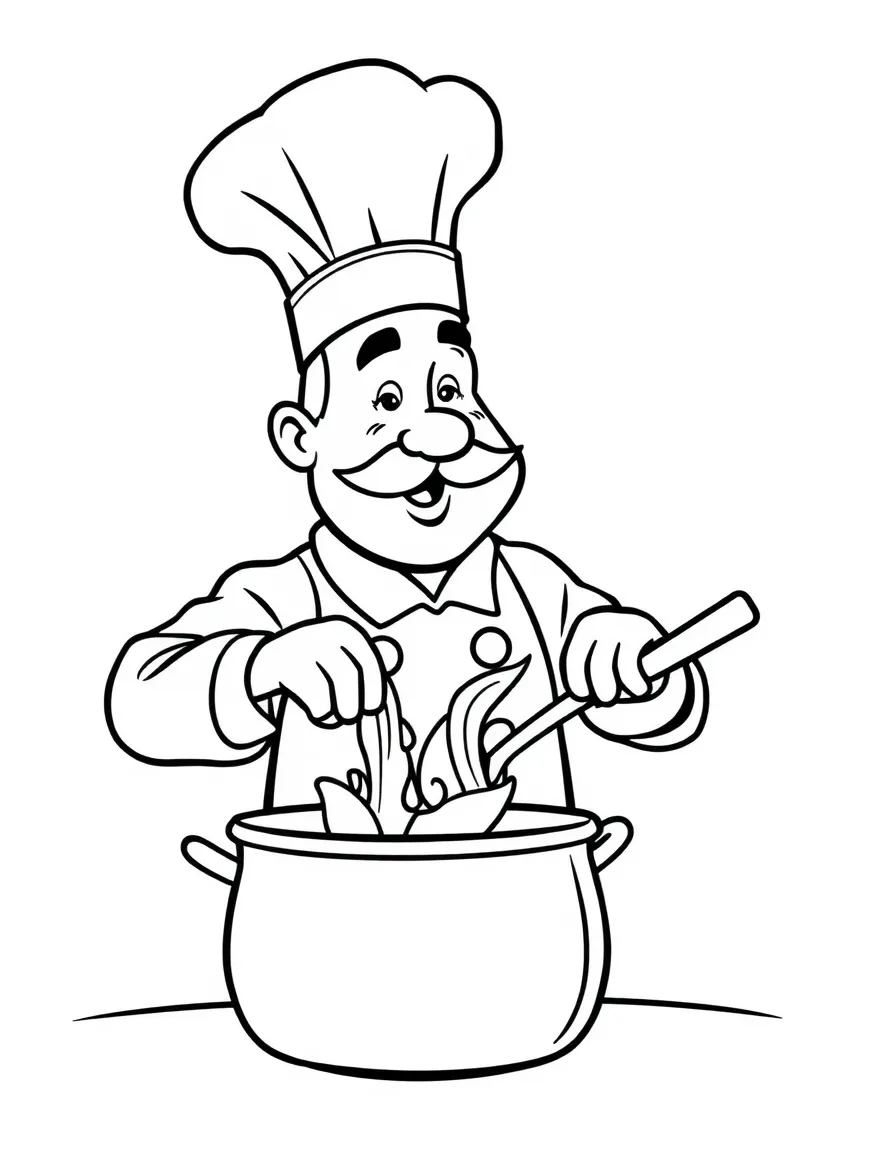 A chef with a tall hat stirring a pot.