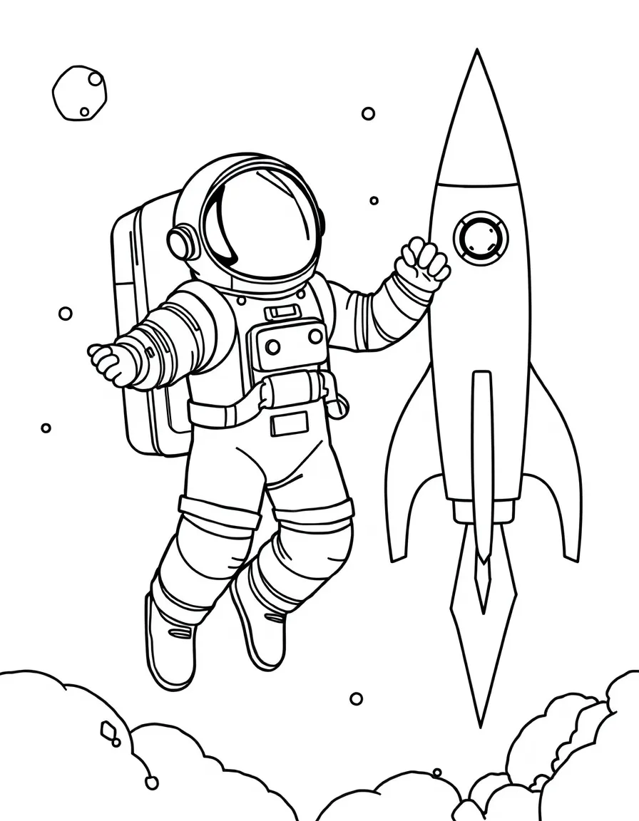 An astronaut floating in space next to a rocket.